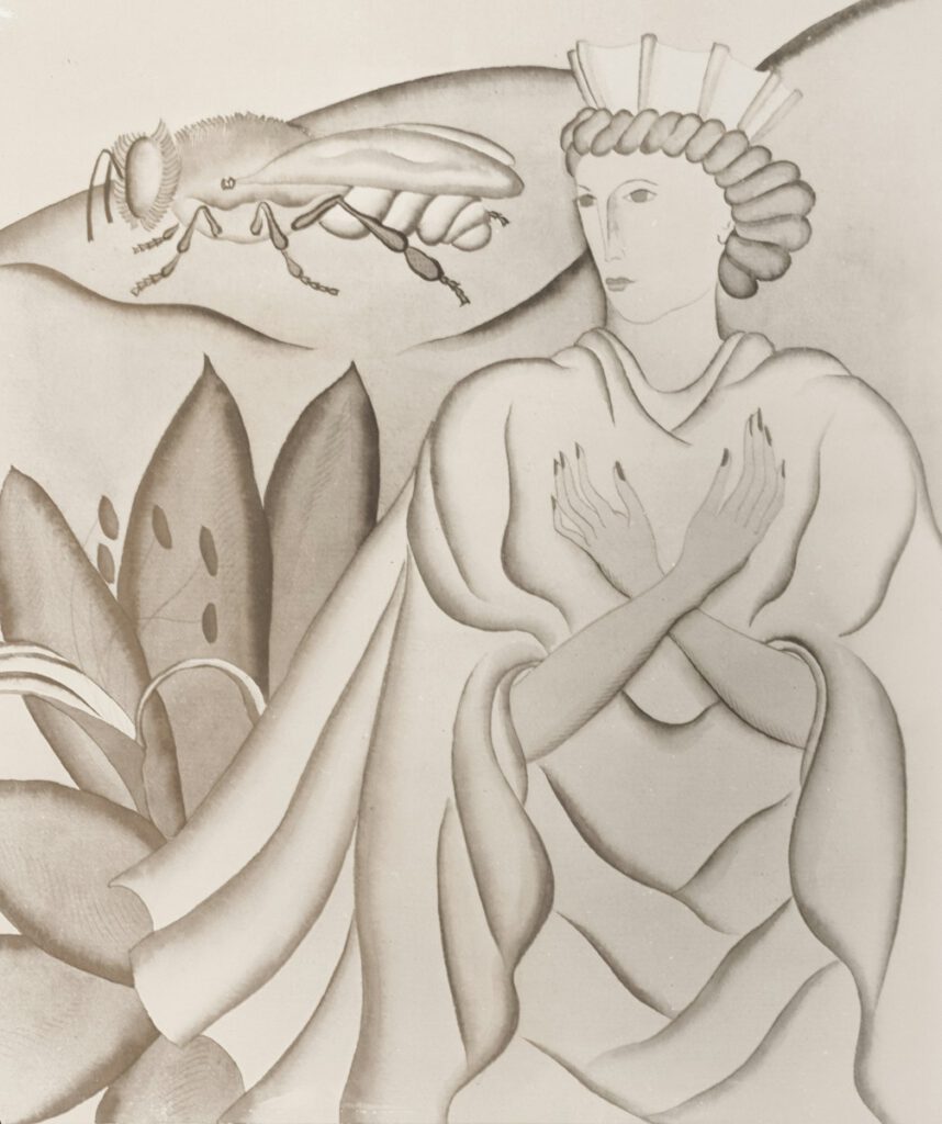 a drawing of a woman with a bug on her shoulder