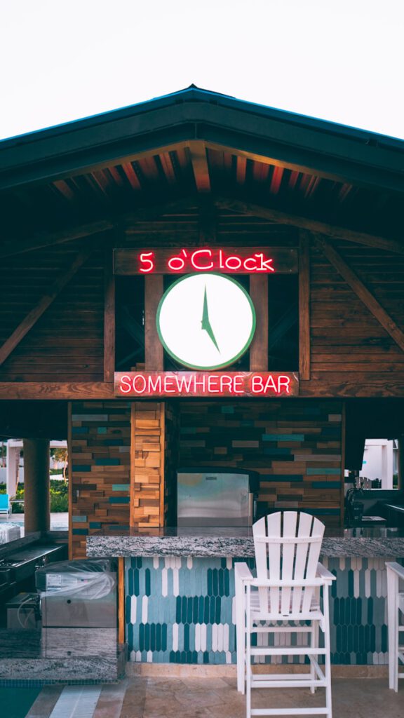 a white chair sitting outside of a restaurant